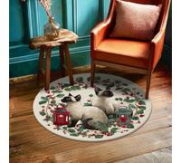 Cats Area Rug, Seasonal Fanciful Lanterns Berries Fall Green Low Pile Sponge Home Floor Doormat Circle Print Accents Rug Entryway Bathroom Kitchen Doorway Decor 3' X 3'