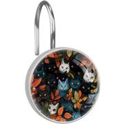 Cats Autumn Leaves Shower Curtain Hooks, Decorative Rust Proof Stainless Steel Shower Curtain Rings for Bathroom Decor Set of 12