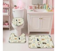 Cats Bathroom Rugs Sets 3 Piece, Fanciful Nature-Inspired Flowers Grass Spring Cream Dorm Room Essentials Contour Bath Rugs for Toilet for Restroom Toilet Floor Decor