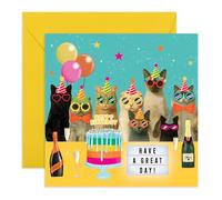 Cats Birthday Card - Have a Great Day! - Gift for Women, Men, Him, Her, Cat Lovers, Fur Mama or Dad, Colleagues, Coworkers, Neighbours, Friends - Glasses, Hats, Wine and Cake - Comes with Stickers