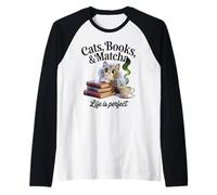 Cats Books Matcha Life Is Perfect Cozy Book Love Tea Reading Raglan Baseball Tee