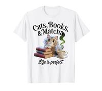 Cats Books Matcha Life Is Perfect Cozy Book Love Tea Reading T-Shirt