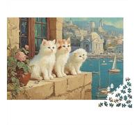 Cats by Harbor View 1000 Piece Jigsaw Puzzles Three White Cats on Wall Adults Aged 12 And Above Educational Games Home Decoration Challenge High Difficulty Birthday 70x50cm