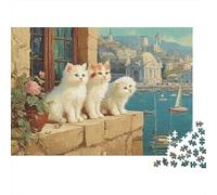 Cats by Harbor View Adult Challenging Puzzle Games: Three White Kittens on Wall for Women, Gifts for Men Age 14 Years Up 52x38cm/1000pcs