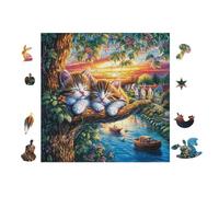 Cats by The Lake 100 Pc DIY Jigsaw Puzzle Puzzles for Adults Teens Hard Challenging Team Building Stress Reducing Autumn Sturdy Wooden Cardboard 28x28cm