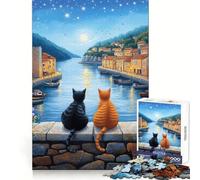 Cats by The Moonlit Harbor Jigsaw Puzzles 1000 Pieces for Adults Cognitive Skill Time Well Spent Exact Cut Memorable Gift size 50x75cm