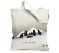 Cats Canvas Tote Bag for Women, Minimalistic Fanciful Moon Mountains Night Black Washable Reusable Market Tote Bags Ideas F, Black, 13x15 Inch