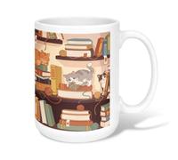Cats Ceramic Coffee Mug, Cozy Playful Books Yarn Warm Novelty Office Drinking Cup with Handle Ideal for Friends Family Co-Worker Lovers Eldership Senior 15 Oz
