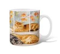 Cats Ceramic Coffee Mug, Fall Cozy Leaves Window Fall Orange Novelty Work Drinking Mugs with Handle Gift for Friends Family Coworkers Teachers Couples Employees 15 Oz