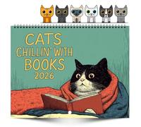 Cats Chillin' with Books 2026 Wall Calendar, 12 Months Cats Chillin' with Books, Cute Funny Cat Art Hanging Calendar, Quirky Home Decor Bookish Gift for Book Lover, Full-Color Illustrations