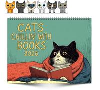 Cats Chillin' with Books 2026 Wall Calendar, 12 Months Cats Chillin' with Books - Full-Color Illustrations, Cute Funny Cat Art Hanging Calendar for Home Office Wall Decor