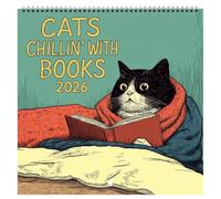 Cats Chillin' with Books 2026 Wall Calendar, Funny Feline and Bookish Themed Spiral Bound Hanging Calendar for Home Office Decor, Gift for Cat Lovers (Blue)