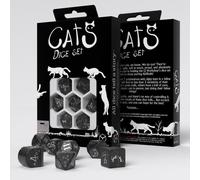 Q WORKSHOP Cats Modern Dice Set Waffle: 7-Piece Polyhedral Plastic Dice in Black & Silver with Cat Themed Designs