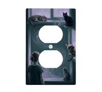 Cats Duplex Outlet Covers Wall Plate, Mystical Fanciful Window Girl None Dark Blue Plastic Standard Size Face Plates for Electrical Outlets for New Apartment Home Bedroom Office Decor