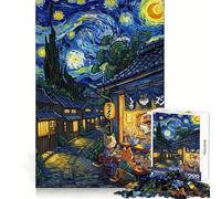 Cats Eating Ramen Starry Night Adults Puzzles 1000 Piece Jigsaws Memory Skill Mindful Leisure Clean Edges Creative Gift size 38x26cm