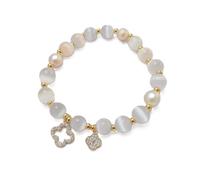 Cat's Eye Glass Beaded Bracelet with Four-Leaf Clover Charm, Pearl Accents, Gold-Tone, Elastic Stretch Cord