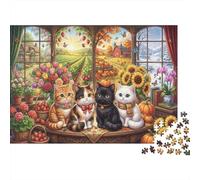 Cat's Four Seasons 1000 Piece Wooden Jigsaw Puzzle,Impossible Challenge,Stress Relief,Home Wall Decor Kittens,Great Gifts,Wood,Adults & Kids 14+,Educational Toy (75x50cm)