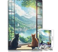 Cats Gazing at Japanese Landscape 1000 Piece Puzzle For Adults Play And Learn Smart Activity Unique Heartfelt Celebration Gift Size 38x26cm
