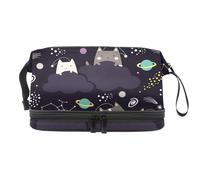Cats Hide in Dark Clouds Nebula Space Double Layer Cosmetic Bag for Women and Girls, Travel Toiletry Bag Makeup Handy Pouch Organiser Bag with Brush Compartment