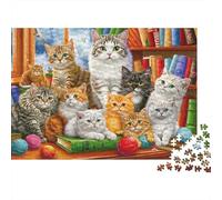 Cats in Bookshelf Scene 1000 Pc Thick Cardboard Literary& Modern Puzzle for Jigsaw Enthusiasts Brain Training Mindfulness Activity 52x38cm/1000pcs