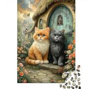 Cats in Fairy Tale Cottage 1000 Piece Jigsaw Puzzle Set for Young Adults Sturdy Recycled Cardboard Cottage Door Home Decor Wall Art Mental Puzzle Game 70x50cm/1000pcs