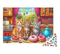 Cats in Kitchen Scene 1000-Piece Jigsaw Puzzle Donut-loving Tabby Cats Art - Classic Educational Game for Adults And Kids38x26cm/1000pcs