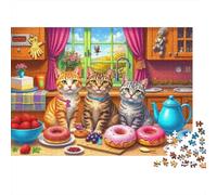 Cats in Kitchen Scene 1000Pc Recycled Paper Puzzle: Three Cats with Donuts at Table for Adults 14-99 Years Home Decor & Gift 52x38cm/1000pcs