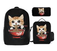Cats Japanese Noodles Fashion Backpack Set with Pencil Cases Lunch Bag | Novelty Funny Cute Lightweight Daypacks Sets Travel Laptop Bags