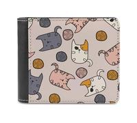 Cats Lie on A Pink with Thread Balls Men's Bifold Wallet Slim Cash Card Holder Leather Purse
