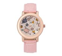 Cats Lie on A Pink with Thread Balls Womens Elegant Watch Analogue Quartz Watch Leather Band Wristwatch