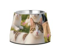 Cats Lying in Flower Meadow Bowl for Dogs with Stand Stainless Steel Cats Food Dish for Slow Feed Dogs Comfort Feeding