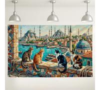 Cats Overlooking Mediterranean Cityscape Backdrop Banner 71x43 Inch