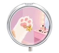 Cat's Paw Holds A Pin Pill Box - 3 Compartment, Round Metal Pill Case with Mirror, Portable Medicine Holder for Purse/Wallet/Travel