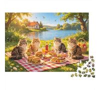 Cats Picnic Jigsaw Puzzle 1000 Pieces Recycled Paper Sunny Camping Puzzles for Elderly Educational Game Decompression Relieve Senile Dementia Gift 70x50cm/1000pcs