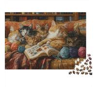 Cats Reading Book 1000 Piece Puzzle for Adults Couch Cats Yarn Balls Open Book Cozy Premium Thick Sturdy Vibrant Challenging Hard Gift52x38cm/1000pcs
