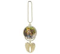 Cats Ride Bikes to Deliver Bananas Car Hanging Pendant, Zinc Alloy Rearview Mirror Charms - Relieve Visual Fatigue, Vintage Keychain Pendant, Lucky Car Interior Hanging Decoration, Golden-Style