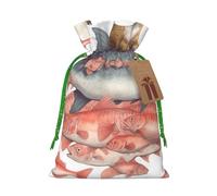 Cats Riding Fish Printed Christmas Drawstring Bags,S | Reusable Xmas Gift Storage Bags, Green Christmas Ribbon