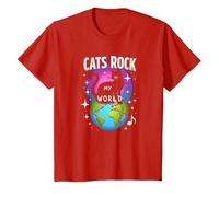 Cats Rock My World - Feline Globe-Trotting Adventure T-Shirt, Kids, Red, 12 Years