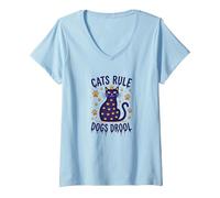Cats Rule Dogs Drool: Royal Feline Humor for Pet Lovers V-Neck T-Shirt, Women, Baby Blue, S