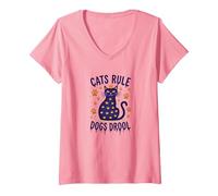 Cats Rule Dogs Drool: Royal Feline Humor for Pet Lovers V-Neck T-Shirt, Women, Pink, L