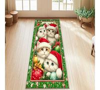 Cats Runner Rug, Christmas Festive Santa Hats Christmas Ornaments Green Low Pile Indoor Rectangle Carpet Non Shedding for Kitchen Entryway Bedside Laundry Decor 2x5 Ft