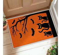 Cats Runner Rug, Halloween Seasonal Bats Tree Branch Halloween Orange Low Pile Doormat Rectangle Throw Rug Non Shedding for Kitchen Entryway Bathroom Doorway Decor 2x3 Ft