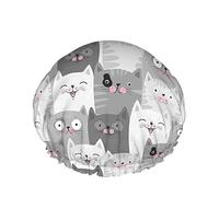 Cats Shower Cap,Cute Grey Cats With Funny Various Expressions Pattern Waterproof Double Layer Bath Caps Perfect For All Hair Lengths And Thicknesses