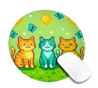 Cats Small Mouse Pad, Playful Cartoon Butterflies Suns Summer Green Round Rubber Smooth Aesthetic Mousepads for Desk Decor for Home Office Work Gaming Desk Round 8x8 Inch