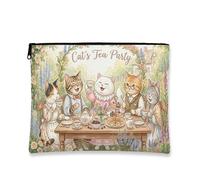 Cat'S Tea Party Makeup Bag, Cute Kittens Vintage Cosmetic Travel Pouch for Women, Portable Small Canvas Zipper Organizer, Spring Skincare Toiletry Bag, Multicolor, 7x9 Inch, Cats