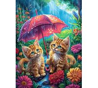 Cats Under An Umbrella in A Flower Garden 1000 Piece Premium Jigsaw Puzzle Science Fiction Magical Dream Adult Jigsaws Brain Training Hobby Home Decor Winter Gift Unique Shaped Recycled Cardboard 100