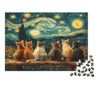 Cats Under Starry Sky 1000 Piece Jigsaw Puzzles Cats Watching Starry Night Painting Adults Aged 12 And Above Educational Game Home Decoration Difficult Challenging Birthday 52x38cm