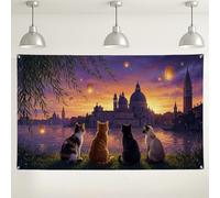 Cats Watching Sunset Landscape Fanciful Backdrop Banner 71x43 Inch