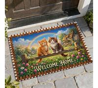 Cats Welcome Door Mat, Fanciful Nature Rainbow Flowers Spring Green Skid Resistant Back Doormat for House Office Outside Inside Entrance Decor 29x17 Inch