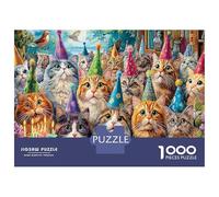Cats with Party Hats in Flowers 1000 Piece Jigsaw Puzzles for Adults Pet Collection Impossible Beautiful Home Decoration Art Colorful DIY Craft Unique Design 52x38cm/1000pcs